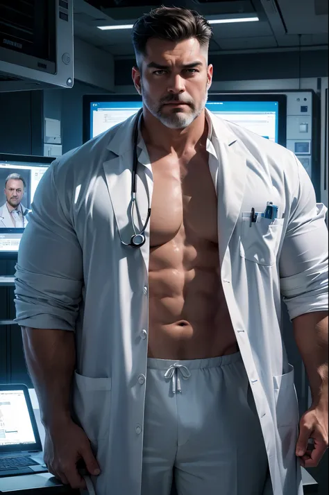 (best quality,4k,8k,highres,masterpiece:1.2),ultra-detailed,(realistic,photorealistic,photo-realistic:1.37),((massive muscular)) ((huge Muscular)) old man standing as doctor, super thick arms, super big pectoral, bulging veins, white beard and hair, wearin...