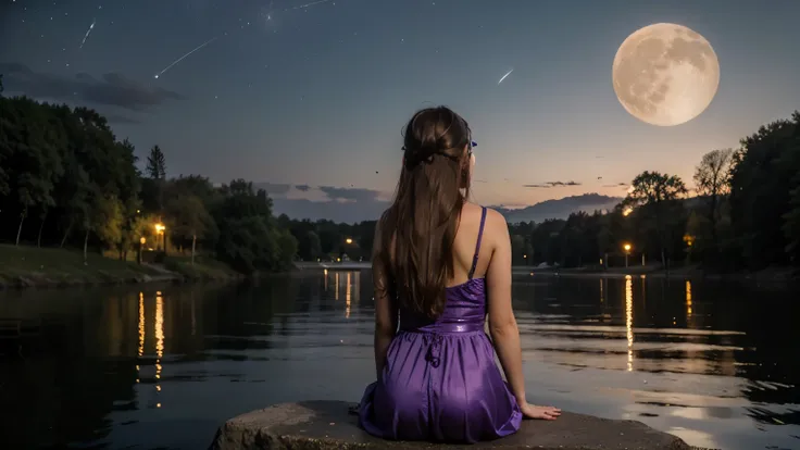 A girl with long hairs is sitting on a stone beside a lake. The photo is taken from the backside of the girs. She is wearing a headphone and holding a fishing rode. She is wearing a purple dress. Across from the lake there are trees and a few buildings. ((...