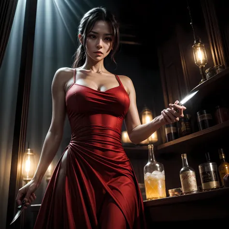 16K, ultra detailed, masterpiece, best quality, (extremely detailed), arafed, action shot, a woman spy, wearing an intricate elegant dress, red dress, sexy dress, holding a (knife: 1.3) in a elegant, high class cocktail party background, Wide-Angle, Ultra-...