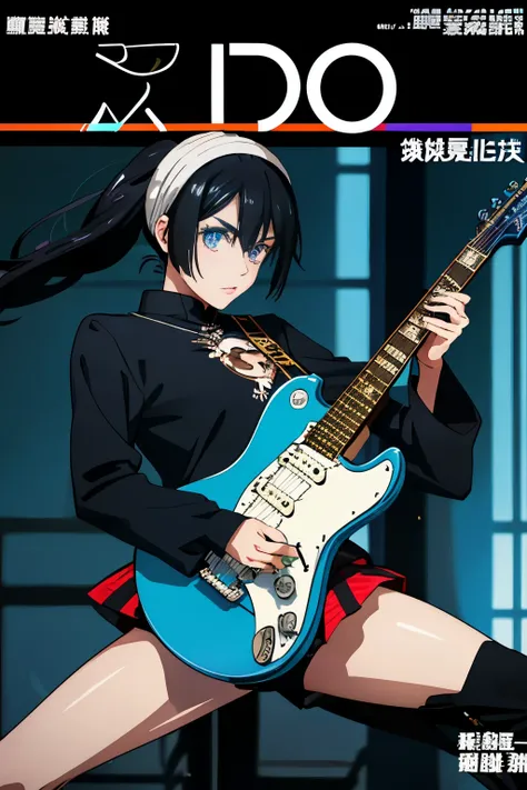 1 girl, neko-chan, (stage costume covered in jewels), jet black hair,blue eyes、 (play electric guitar), ((electric guitar in han...