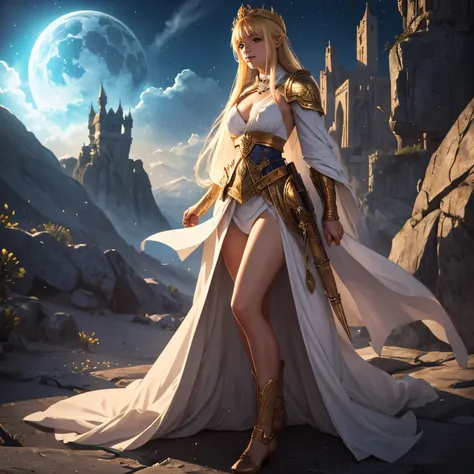 Fantasy art, dnd prompt, fille 12 ans, blonde, White clothing, goddess glows, apparaissant sur un champ de bataille