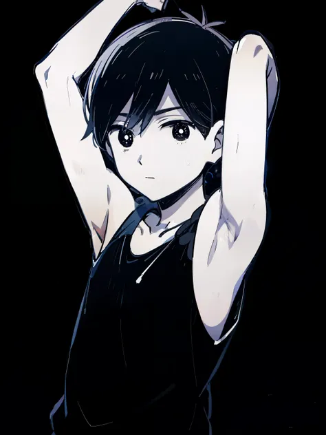 anime style, monochrome,tcoaal, solo, looking at viewer, short hair, 1boy, omori, shota, closed mouth,black hair, (armpit:1.3), ...