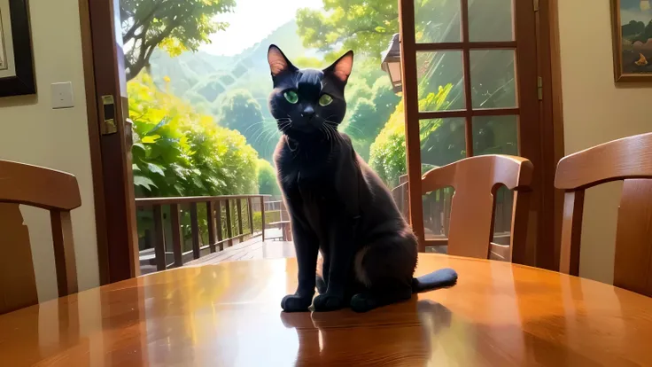 ((highest quality)), ((masterpiece)), (be familiar with), there are no humans, nature,A black cat with cute round eyes, A black cat with round eyes is looking outside, there is breakfast on the table.