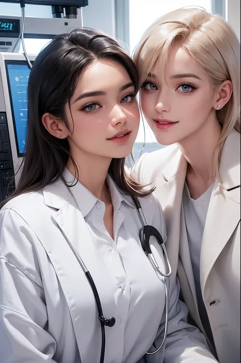 beautiful detailed eyes, beautiful detailed lips, extremely detailed face, stethoscope, white lab coat, confident and caring expression, long eyelashes, neatly styled hair, professional atmosphere, clean and bright clinic, medical equipment, modern hospita...