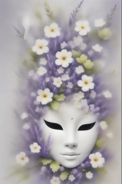 Mask in the sea of flowers，White mask surrounded by flowers