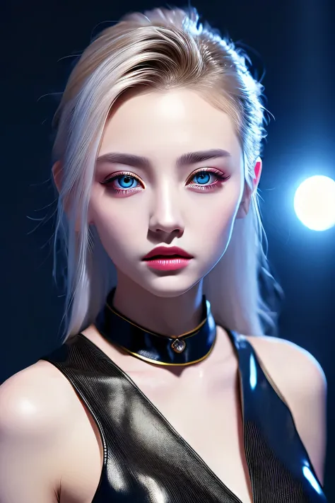 ８ｋ、High resolution、punk fashion、beautiful girl、young、white skin,、narrow eyes,high nose,lighting that illuminates the face、clear image、intellectual beauty、skinny、no makeup、anxious look、lighting that illuminates the face,shining hair、single eyelid,blue eyes