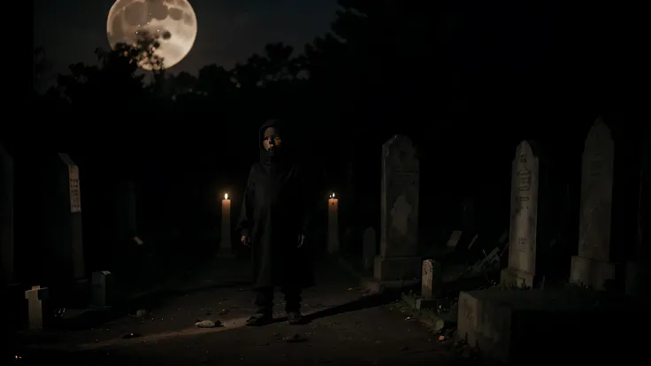 creepy baby standing wearing black Jalabiya in the middle of the Cemeteries terror atmosphere horror scary dark middle of night full moon far from camera
