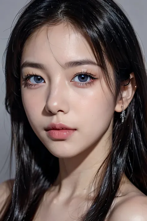 8k、High resolution、punk fashion、beautiful girl、young、white skin,、narrow eyes,high nose,lighting that illuminates the face、clear image、intellectual beauty、skinny、no makeup、anxious look、lighting that illuminates the face,shining hair、single eyelid,blue eyes
