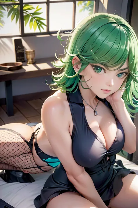 (best quality:1.2),Masterpiece, 1girl, unamused,anime girl with green hair and black dress laying on floor next to open book, top rated on pixiv, at pixiv, tatsumaki from one punch man, beautiful anime girl squatting, bending over, seductive anime girl, th...