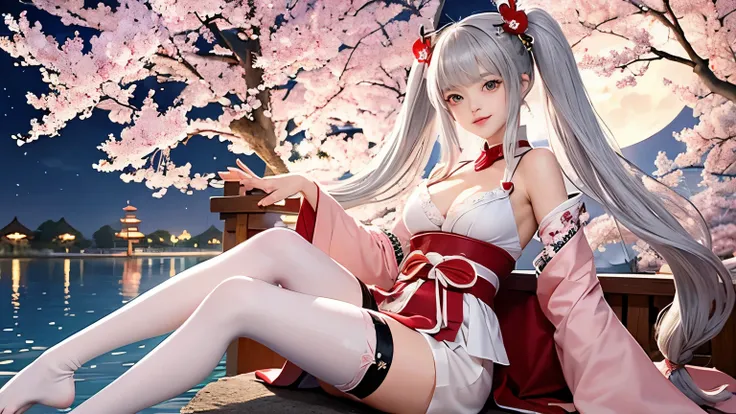 1 girl、Cute red and white shrine maiden costume, long gray hair, twin tails and bangs, Japan Traditional Hair Ornaments, cleavage, Shrine under the full moon night sky, sitting, white thigh high stockings, Lotus pond, Cherry Blossom、smile、5 fingers on hand