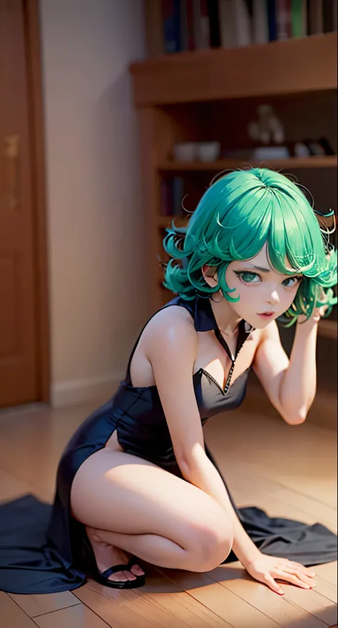 anime girl with green hair and black dress laying on floor next to open book, an anime drawing by Shitao, pixiv, fantasy art, top rated on pixiv, at pixiv, tatsumaki from one punch man, beautiful anime girl squatting, bending over, seductive anime girl, th...