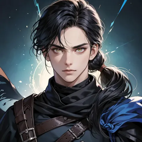 in a well detailed animated fantasy picture, create a portrait for a character description, an young teenage male character with long dark hair tied into a ponytail, some strands on his face, dark yellow eyes, wearing a black scarf, wearing an all black sl...