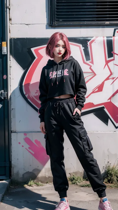 best quality, Clarity, 4k, 8k, detail, actual, Beautiful Girl, Korean makeup, Red lips, pink and blue wolf haircut, Perfect body, thigh, stand, pose standing, medium chest, black hoodies, black Cargo Box Pants, Solid graffiti wall background, Graffiti art,