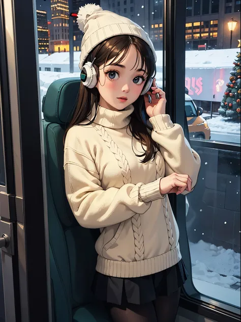 lofi relaxed one brunette girl with headphones drives inside bus, looks through window, head glued to window. winter night, its snowing a lot. beautiful winter landscape of New York Rockefeller Center with huge (Christmas trees). travel. tourist. christmas...