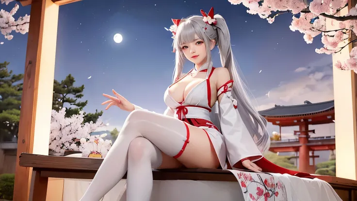 1 girl、Cute red and white shrine maiden costume, long gray hair, twin tails and bangs, Japan Traditional Hair Ornaments, cleavage, Shrine under the full moon night sky, sitting, white thigh high stockings, Lotus pond, Cherry Blossom、smile、5 fingers on hand