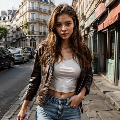 a virtual influencer, capturing the essence of contemporary elegance, her style inspired by the timeless allure of Barbara Palvin yet infused with her own mature femininity. She wanders down a picturesque Parisian street, far from the shadow of the Eiffel ...