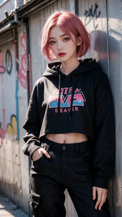 best quality, Clarity, 4k, 8k, detail, actual, Beautiful Girl, Korean makeup, Red lips, pink and blue wolf haircut, Perfect body, thigh, stand, pose standing, medium chest, black hoodies, black Cargo Box Pants, Solid graffiti wall background, Graffiti art,