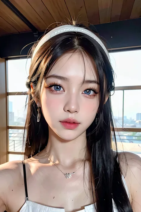 8k、High resolution、punk fashion、beautiful girl、young、white skin,、narrow eyes,high nose,lighting that illuminates the face、clear image、intellectual beauty、skinny、no makeup、anxious look、lighting that illuminates the face,shining hair、single eyelid,blue eyes