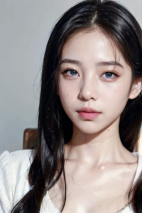 8k、High resolution、punk fashion、beautiful girl、young、white skin,、narrow eyes,high nose,lighting that illuminates the face、clear image、intellectual beauty、skinny、no makeup、anxious look、lighting that illuminates the face,shining hair、single eyelid,blue eyes