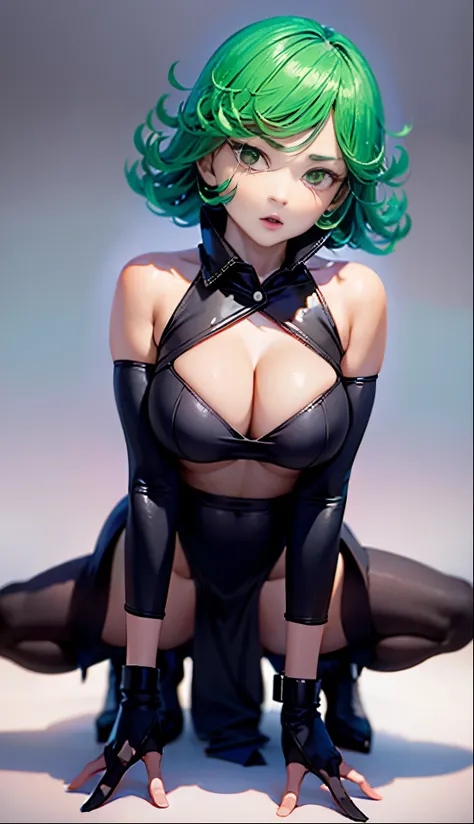 anime girl with green hair and black dress, an anime drawing by Shitao, pixiv, fantasy art, top rated on pixiv, at pixiv, tatsumaki from one punch man, beautiful anime girl,jack-O challenge pose, bending over, seductive anime girl, the anime girl is crouch...