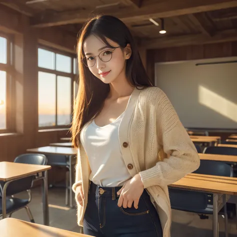 (highest quality、table top、8k、best image quality、Award-winning work)、one beautiful woman、25 years old、alone、perfect beautiful composition、(standing elegantly:1.1)、emphasize body line、(Wear an elegant long open cardigan:1.1)、(classy skinny pants:1.1)、(roman...