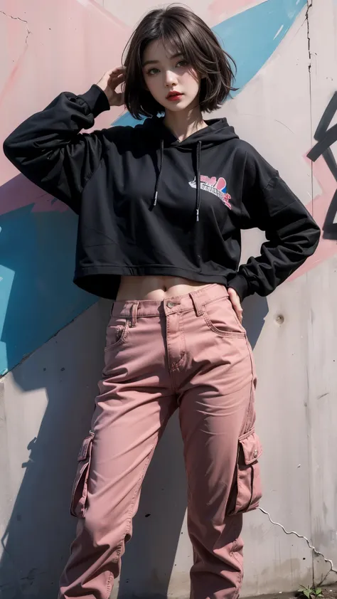 best quality, Clarity, 4k, 8k, detail, actual, Beautiful Girl, Korean makeup, Red lips, pink and blue wolf haircut, Perfect body, thigh, stand, pose standing, medium chest, black hoodies, black Cargo Box Pants, Solid graffiti wall background, Graffiti art,