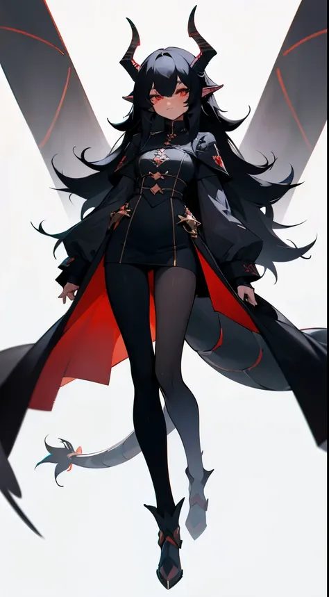 feme, black race, black fluffy hair, tall, horns, dragon tail, full body, modern, perfect face