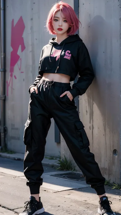 best quality, Clarity, 4k, 8k, detail, actual, Beautiful Girl, Korean makeup, Red lips, pink and blue wolf haircut, Perfect body, thigh, stand, pose standing, medium chest, black hoodies, black Cargo Box Pants, Solid graffiti wall background, Graffiti art,