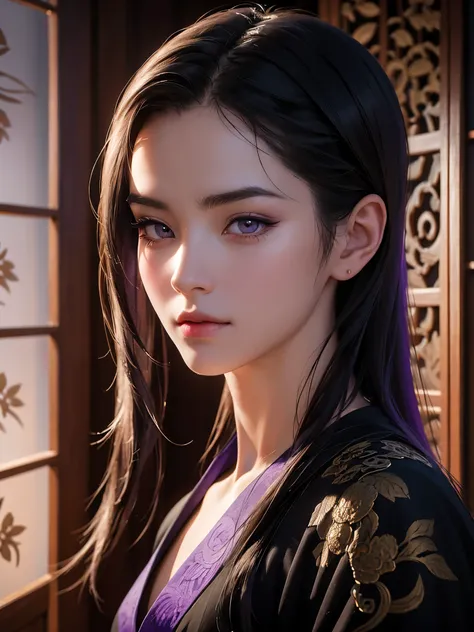 A girl, wearing a purple and black robe, stands in a Chinese-style building. [beautiful detailed eyes,beautiful detailed lips,extremely detailed eyes and face,longeyelashes] [traditional,Eastern,Chinese-styled] [intricate patterns,ornate carvings,elaborate...