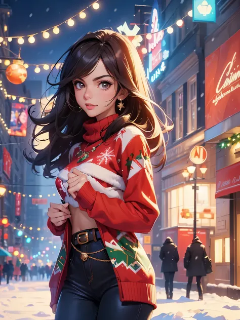 (best quality, masterpiece, perfect face, beautiful and aesthetic:1.2, colorful, dynamic angle, highest detailed face) cowboy shot, anime:1.2, solo, 
1girl ((Victoria Justice)) wearing a sexy christmas sweater in a snowy night in the city, christmas decora...