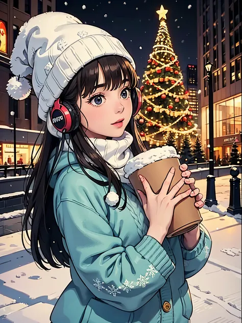 lofi relaxed one brunette girl with headphones, winter night, its snowing a lot. beautiful winter landscape of New York Rockefeller Center with huge (Christmas trees). travel. tourist. christmas sweater, winter hat. long hair. cold breath.