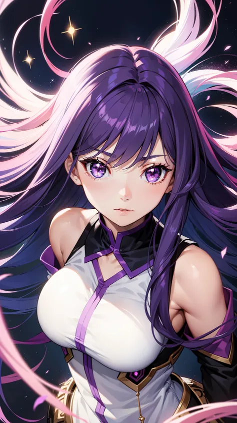 cute anime woman, face focus, close-up potrait, straight long hair, purple hair, floating hair by wind, sparkle purple eye, perfect feminine face