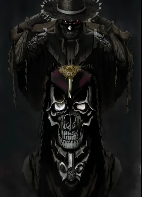 Calavera arafed con sombrero negro y capa negra., retrato del dios de la muerte, Retrato de Grim Reaper, Face with skull mask, Retrato de un dios de la muerte, cgsociety uhd 4k muy detallado, dia de los muertos. 8 mil, hermoso dios masculino de la muerte, ...