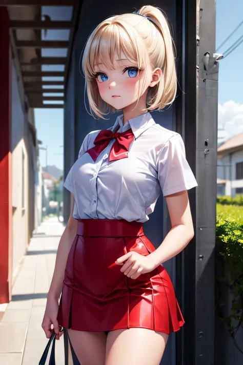 A young blue-eyed blonde of 10 years old dressed in a satin school uniform of a tight-fitting white shirt and short red skirt. caminando por la escuela