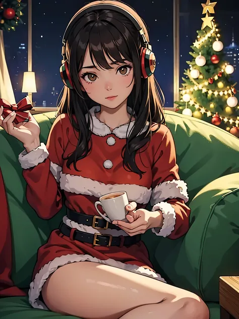 lofi brunette girl sitting on a couch with headphones on and a christmas tree in the background, trending on cgstation, cozy wallpaper, artwork in the style of guweiz, christmas night, [ 4 k digital art ]!!, lofi girl, extremely detailed artgerm, trending ...