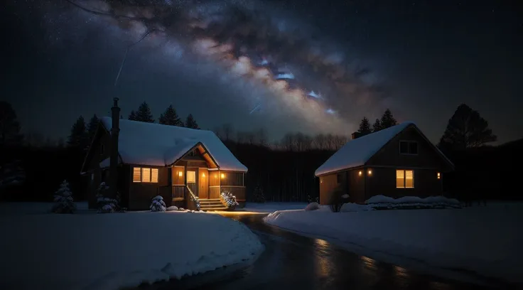 nighttime shot of a house with a bright window and a starry sky, night time with starry sky, outdoors at night, at nighttime, ni...