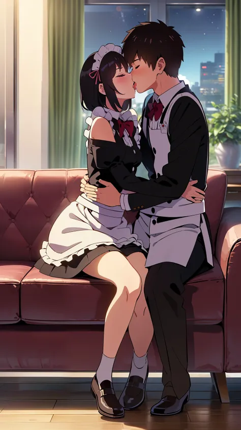 shinkai makoto, kimi no na wa., 1girl, 1boy, bangs, black hair, blush, (boy wear Suspender Clothes), ((girl wear maid dress, short dress, short skirt, maid headdress), bow, ribbon, short hair, cute, love, couple, adorable, Off-the-shoulders, dating, (((kis...