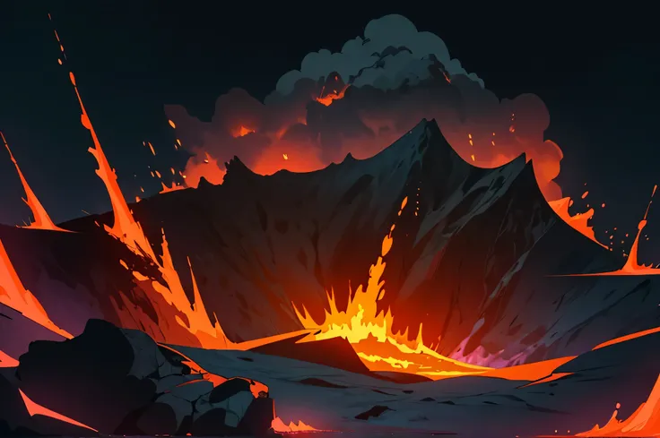 2d illustration of a sea of lava, inside of a volcano on a cloudy night