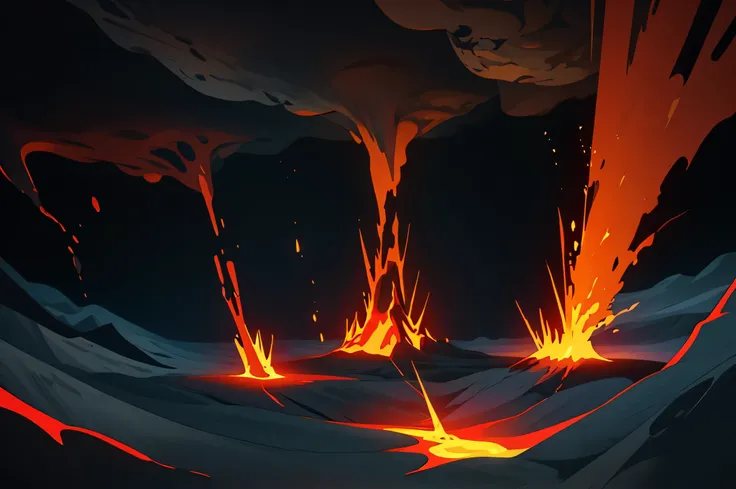 2d illustration of a sea of lava, inside of a volcano on a cloudy night