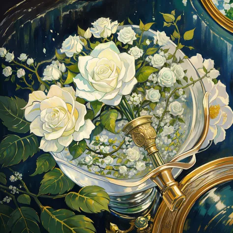 picture of a white rose in a green vase with leaves, inspired by hermann rydisyuli, close view, high quality detail, depth detai...