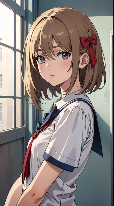 (extremely delicate and beautiful: 1.2), 1girl, fashi-girl, bangs, pretty eyes, bow, brown hair, closed mouth, sideways, hair between eyes, hair bow, short sleeves, looking at the viewer, medium hair, solo, upper body, school uniform: 1.3, ((solo)), (maste...