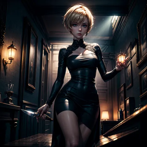 16K, ultra detailed, masterpiece, best quality, (extremely detailed), arafed, action shot, a woman spy, wearing an intricate elegant dress, dynamic color dress, blond hair, pixie cut, sexy dress, holding a (dagger: 1.3) in a elegant, high class cocktail pa...