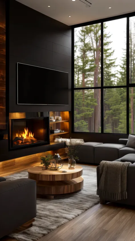 arafed living room with a fireplace and a large window, cozy contemporary living room, modern house in the wood, designed for co...