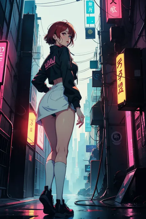 best quality, anime girl with red hair and blue shirt stands in front of a neon city, Anime style 4k, seductive anime girl, lofi girl, retro anime girl, Anime style. 8k, 80s anime vibe, anime vibe, cyberpunk digital anime art, 80s anime art style, digital ...