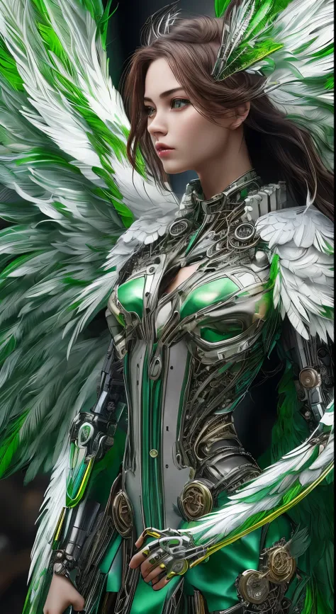 Close-up of a woman in a green dress with wings, full body angel, futuristic robot angel, amazing angel wings, angel knight gothic girl, angel in plastic armor, intricate costume designs, As a mysterious Valkyrie, The whole body is made of green feathers.,...