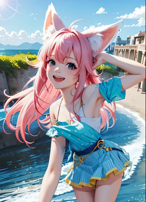 Anime girl in blue dress on the beach holding tangerine cat ears, Pink twintail hair and turquoise eyes, beautiful anime girl, Very detailed Artgerm, pretty anime girl, Cute anime waifu in a fancy dress, Realistic anime girl rendering, attractive anime gir...