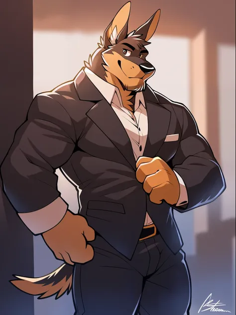 author: takemoto arashi, solo, male, a dog, doberman, muscular, standing, alleys, suit,