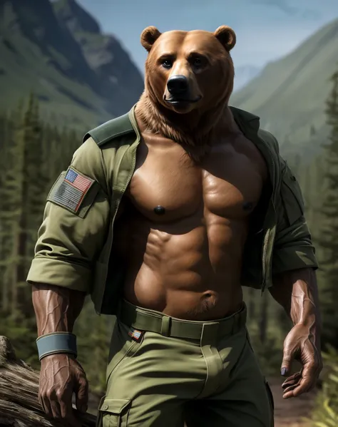 anthro, brown bear, solo, male, adult, veiny muscles, muscular, buffed body, bulky, military pants, soldier, veteran, serious look, small eye, furred body, detailed background, wilderness background, realistic, photorealistic, ultra realistic, 8k, bare-che...