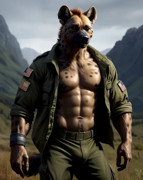 anthro, hyena, gnoll, solo, male, adult, veiny muscles, muscular, buffed body, bulky, military pants, soldier, veteran, serious look, small eye, furred body, detailed background, wilderness background, realistic, photorealistic, ultra realistic, 8k, bare-c...