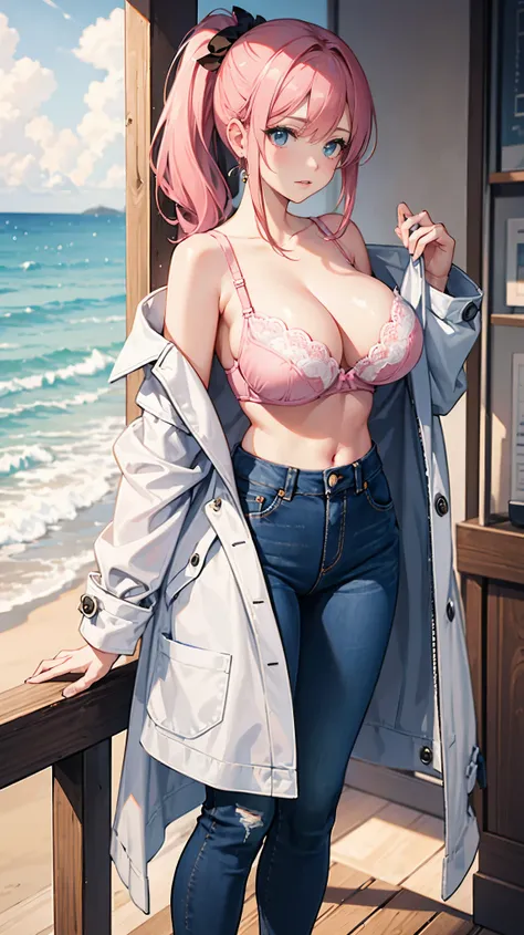 Pink single ponytail，masterpiece:1.3，best quality, jeans，Big breasts，Sexy wrap bra，Big breasts, bright colors, soft light，white coat，Behind is the seaside